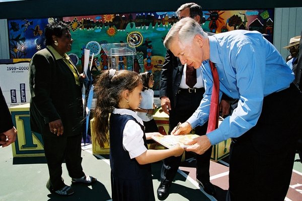 Governor Davis Greets a Young Girl Following a Southern California School Event to Highlight Improving Academic Scores.
