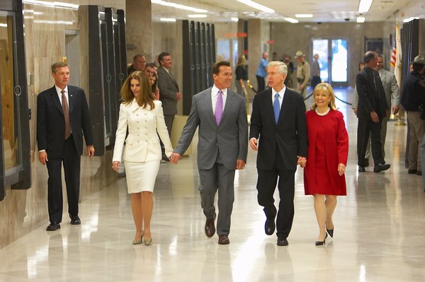 Governor and First Lady Sharon Davis and Governor Schwarzenegger and First Lady Maria Shriver Walking to the Unveiling Ceremony of Governor Davis' Official Portrait.