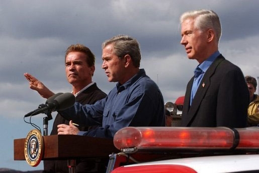 Governor Arnold Schwarzenegger, President Bush, and Governor Davis Speaking To Firemen and Citizens Following A Massive Southern California Wild Fire.