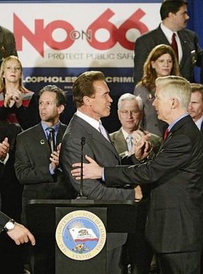 Governor Gray Davis joined by Governor Arnold Schwarzenegger during a No on 66 Event.